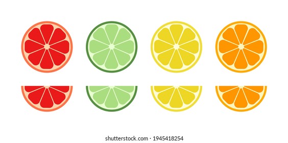 Slice of orange, citrus, lemon, grapefruit, lime, mandarin and mojito. Fruit with vitamin c. Round, half fruit for juice. Flat icon isolated on white background. Green, red tropical cocktail. Vector.