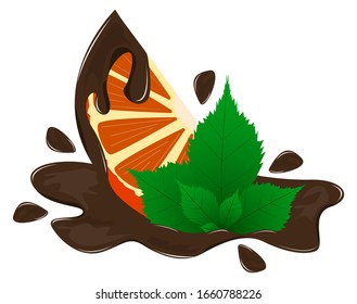 A slice of orange coated with chocolate with shadow and spray on a white background. Mint tin in chocolate. Detailed vector icons. A series of food and drink and culinary ingredients.