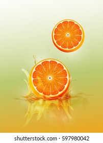 Slice orange drop on juice splash and ripple, Realistic Fruit and yogurt, transparent, vector illustration