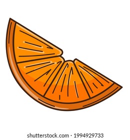 A slice of orange. Food design element with outline. Doodle, hand-drawn. Flat design. Color vector illustration. Isolated on a white background