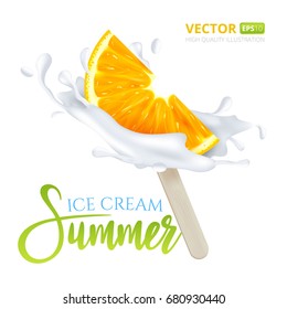 Slice of orange fruit ice cream on a stick with milk or yogurt drops. Vector illustration isolated on white background. Can be used for design your website or print publications and other