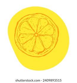 Trozo de naranja pintado a mano en amarillo. Esbozar la ilustración de un producto cítrico saludable aislado en el fondo blanco. Frutos jugosos para el cóctel, atributo de las bebidas.