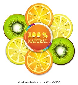 Slice of orange, kiwi, and lemon with percentage quality