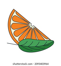 A slice of orange with a leaf. Juicy delicious orange citrus fruit. Vector illustration isolated on a white background for design and web.