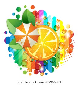 Slice orange with leaf and umbrella over colored background