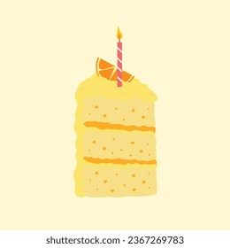 Eine Scheibe Orange, Zitronenkuchen mit Kerze auf der Oberseite. Geburtstagskuchen. Herzlichen Glückwunsch zum Geburtstag. Vektorgrafik.
