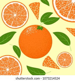 Slice of Orange or Mandarin. Citrus Fruit Background with Green Petals. Stylized Flesh of Orange in Hipster Style. Grapefruit, Mandarin or Orange for Illustration, Advertizing, Card, Marketing.