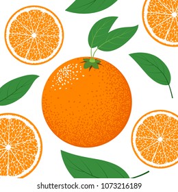 Slice of Orange or Mandarin. Citrus Fruit Background with Green Petals. Stylized Flesh of Orange in Hipster Style. Grapefruit, Mandarin or Orange for Illustration, Advertizing, Card, Marketing.