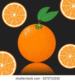 Slice of Orange or Mandarin. Citrus Fruit Background with Green Petals. Stylized Flesh of Orange in Hipster Style. Grapefruit, Mandarin or Orange for Illustration, Advertizing, Card, Marketing.