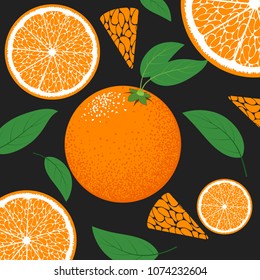 Slice of Orange or Mandarin. Citrus Fruit Background with Green Petals. Stylized Flesh of Orange in Hipster Style. Grapefruit, Mandarin or Orange for Illustration, Advertizing, Card, Marketing.