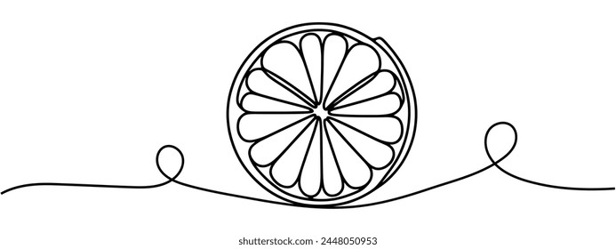 Slice of orange one line art. Continuous line drawing of tropical fruit, lime, lemon, citrus.