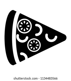 Slice of oven baked spicy pizza with tomatoes, olives and pepper on crust, this is pizza slice icon 
