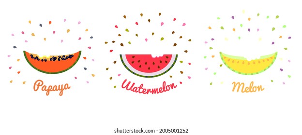 Trozo de papaya, sandía y melón.
Plantilla para cartel, postal, etiqueta.