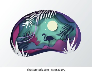 Slice Of Paper, Origami, Tropical Landscape. Sun, Silhouette Of Nature Flamingo, Vector