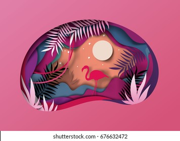 Slice of paper, origami, tropical landscape. Sun, silhouette of nature flamingo, vector