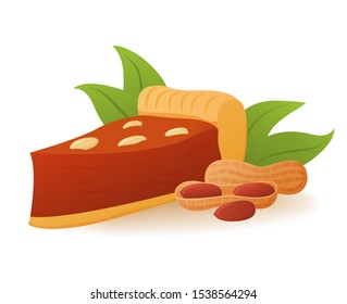 Slice of peanut pie with topping whipped cream. Autumn vegetable dessert concept. Realistic vector illustration.Isolated on a white background.Confectionery baked goods.
