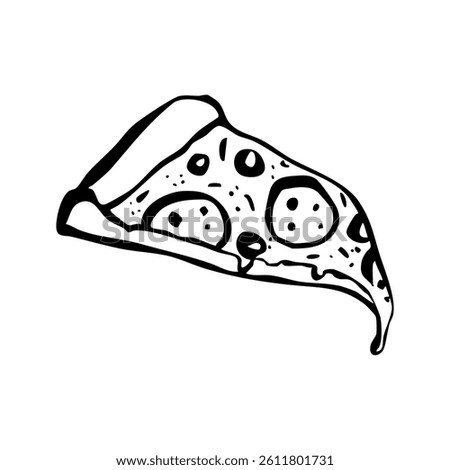 Slice of pepperoni pizza with black olives, doodle drawing, sketch vector illustration, black line on a white background