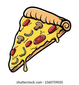 Slice of pepperoni pizza illustration. Salami Pizza Slice. Delicious cheese pizza with mushroom,tomato,sausage and paprika. Pizza clip art for wall art restaurant, or t-shirt design.