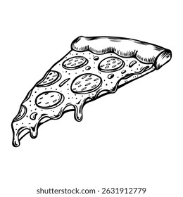 Uma fatia de pizza de pepperoni com queijo derretido e crosta crocante. A pizza é ilustrada em um estilo desenhado à mão, mostrando suas coberturas e textura.