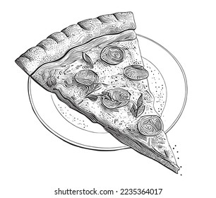 Slice of pepperoni pizza on a plate sketch hand drawn food Restaurant business concept.Vector illustration.