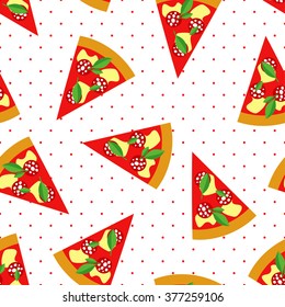 Slice of a Pepperoni Pizza seamless pattern on polka dots background. Fast Food Vector illustration.