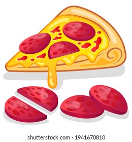 Slice of pepperoni pizza and sliced spicy sausage. Smoked, spicy appetizer. Crispy crust with dripping cheese filling. The ingredient is cut into halves and circles. Hot meat dish. Delivery logo. 