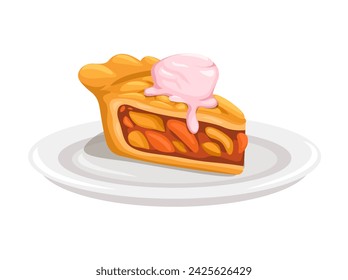 Rebanada De Pastel De Tarta Con Helado Encima En La Placa Ilustración Vector