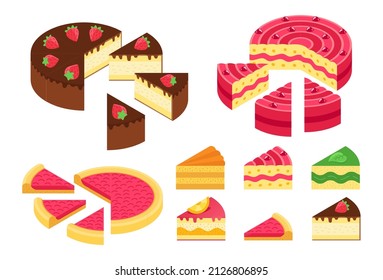 Slice of pie. Pieces cake infographics set. The whole cake and its parts. Isometric view vector illustration.