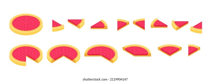 Slice of pie. Pieces pink cake infographics set. The whole cake and its parts. Isometric view.