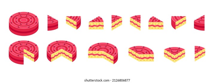 Trozo de tarta. Juego de infografías de pasteles rosados. Todo el pastel y sus partes. Isometric view vector ilustración.