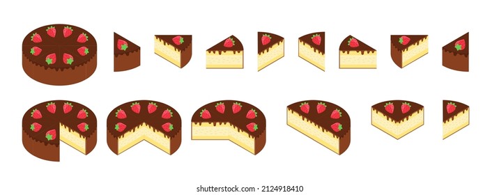 Slice of pie with strawberry. Pieces cake infographics set. The whole cake and split up parts.