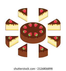 Slice of pie with strawberry. Pieces cake infographics set. The whole cake and split up parts.