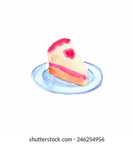 Slice or piece of birthday cake. Watercolor object on the white background, aquarelle. Vector illustration. Hand-drawn decorative element useful for invitations, scrapbooking, design. Birthday party