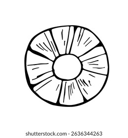 A slice of pineapple. Vector graphics, black-and-white illustration, hand-drawn in the style of doodles. Isolate on a white background. For food, recipes, cooking and dietary design, menus and decor.