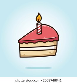 A slice of pink birthday cake with candle on top. Food vector cartoon illustration