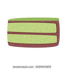 Slice of pistachios cake. Sweet bakery piece. Pastry dessert with cream. Vector pie flat illustration isolated on white background.