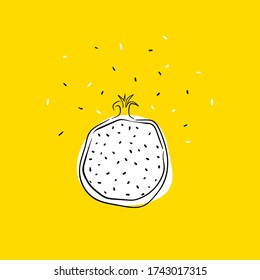 Corta Pitaya en un estilo dibujado a mano. Frutos del dragón sobre un fondo amarillo en caricatura, lineal y contorno estilo. Ilustración plana de material vectorial.