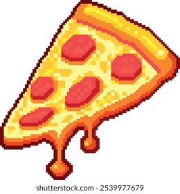 Uma fatia de pizza pixel. Vetor arte Pepperoni, suculenta fatia de pixel pizza.