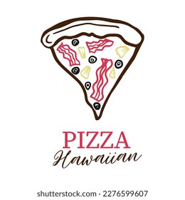 Slice of pizza bacon doodle outline vector icon  for delivery service, restaurant, dinner and italian menu. Graphic icon, logo on white background. Pizzeria logo template.