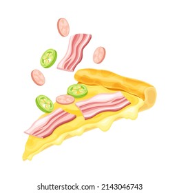 Slice of pizza with bacon, salami and pepper. Tasty Italian fast food vector illustration