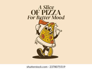 A slice of pizza for better mood. Vintage mascot character illustration of walking pizza, holding a flag