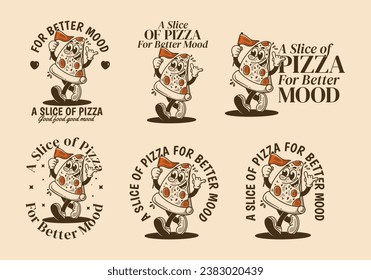 A slice of pizza for better mood. Vintage mascot character illustration of walking pizza, holding a flag