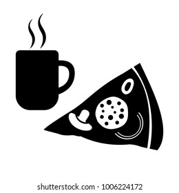 Slice of pizza and beverage mug icon. Fast food or snack with tea or coffee. Vector Illustration