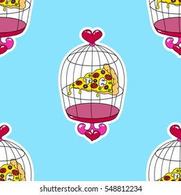 Slice of pizza in a bird cage seamless pattern. Quirky, funny vector design. Blue background.