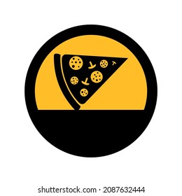 Slice of pizza, black and yellow colors, round sign for design on a white background, vector illustration