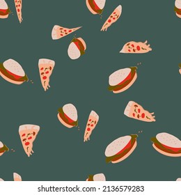 a slice of pizza, a burger.a seamless pattern for your design.high quality vector illustration.