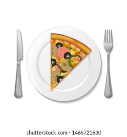 Slice of pizza capricciosa with mushrooms and ham on the plate, fork, knife on white background. Object for packaging, advertisements, menu. Isolated on white. Vector illustration. Cartoon.