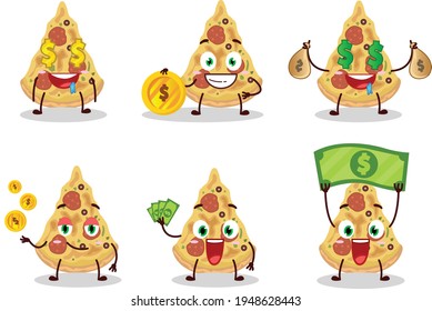 Slice of pizza cartoon character with cute emoticon bring money