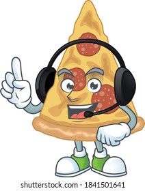 Slice of pizza cartoon character style speaking with friends on headphone. Vector illustration