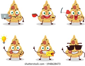 Slice of pizza cartoon character with various types of business emoticons